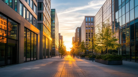 A stunning urban scene capturing a sunset view between modern buildings. The warm light reflects on glass facades, creating a tranquil atmosphere perfect for urban exploration.の素材