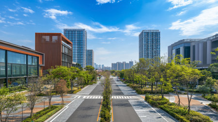 A vibrant urban scene showcasing modern buildings along a tree-lined street. A clear blue sky and lush greenery enhance the tranquil atmosphere of this contemporary city landscape.の素材