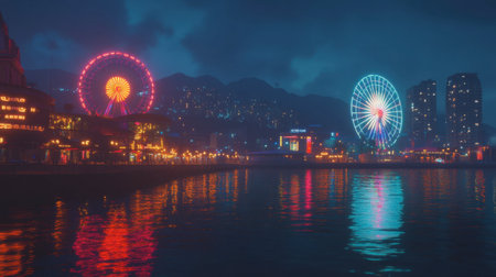 A captivating night scene showcasing colorful ferris wheels illuminated against a vibrant city skyline, reflecting beautifully on the water.の素材