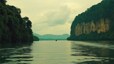 A tranquil river scene captures the essence of nature's beauty, with lush green mountains framing the calm waters, creating a peaceful escape.の素材