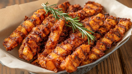 Savor the crunchy texture of golden fried potato sticks garnished with fresh herbs, perfect as a tasty snack or appetizer in any meal setting.の素材