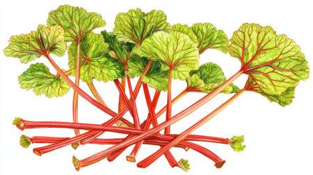 Detailed illustration of fresh rhubarb stems with vibrant green leaves. Ideal for culinary and gardening themes, this artwork highlights the natural beauty of vegetables.の素材