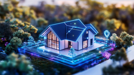A stunning futuristic smart home illuminated with vibrant digital features, set in a lush outdoor environment. This design showcases modern innovation and tranquility.の素材