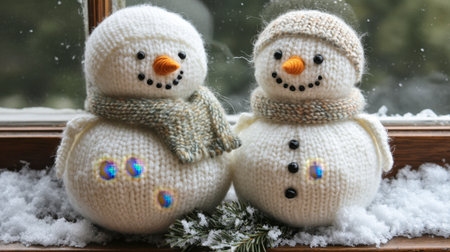 Two adorable knitted snowmen sit by a window, radiating warmth and cheer. Their bright scarves and playful designs capture the joy of the winter season.の素材