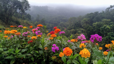 A stunning display of vibrant flowers blooming in a lush green landscape, showcasing nature's beauty and tranquility in a serene outdoor setting.の素材