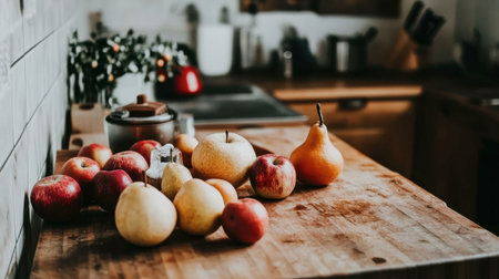 A rustic kitchen scene featuring an array of fresh apples and pears on a wooden counter. This inviting setup highlights natural colors and a cozy atmosphere, perfect for culinary inspiration.の素材