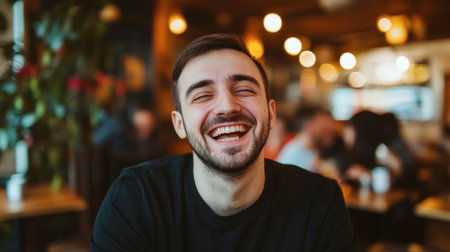A young man radiates joy as he smiles in a cozy cafe, surrounded by warm lighting and a relaxed atmosphere, embodying happiness and connection.の素材