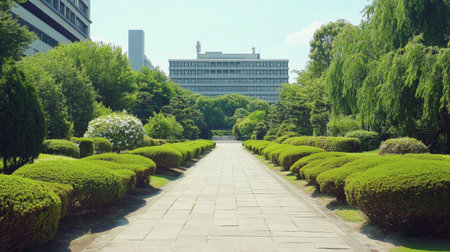 A serene pathway lined with lush greenery invites visitors to explore a tranquil garden, blending nature with urban architecture for a peaceful escape.の素材