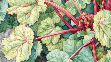 This vibrant watercolor illustration showcases lush rhubarb leaves and red stalks, highlighting the beauty of nature and organic growth in a detailed and artistic manner.の素材