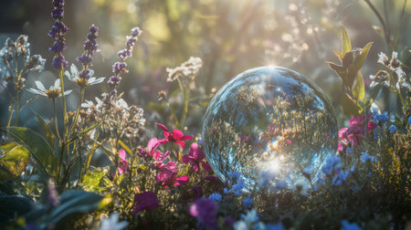 A stunning bubble reflects vibrant flowers in a sunny garden, capturing the beauty of nature. This serene image embodies freshness and tranquility.の素材