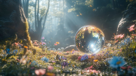 A stunning reflective sphere rests among vivid wildflowers in a sunlit forest. This magical scene captures the essence of tranquility and natural beauty.の素材