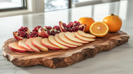 A beautiful arrangement of fresh apples, oranges, and pomegranates on a rustic wooden board, perfect for a healthy snack or elegant presentation.の素材