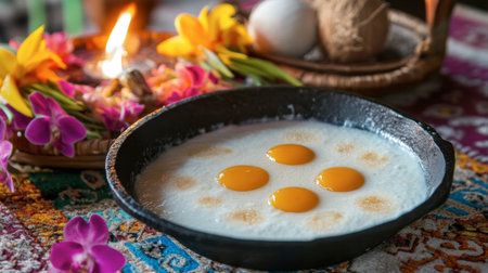 A vibrant display of fresh eggs set in a cast iron pan amidst colorful floral decorations, showcasing cooking ingredients in a traditional kitchen atmosphere.の素材