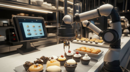 A robotic arm delicately decorates an array of cupcakes in a modern bakery setup, showcasing the innovative blend of technology and culinary art.の素材