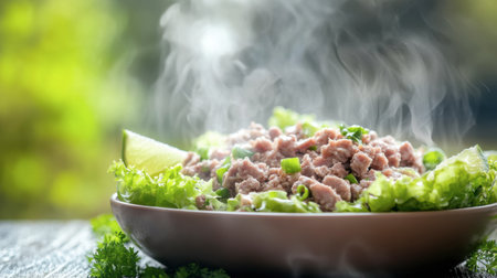 A vibrant salad bowl featuring steaming meat nestled on fresh lettuce with herbs and lime. Perfect for showcasing fresh and healthy cuisine.の素材