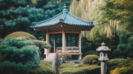 Visit a tranquil Japanese garden featuring a peaceful pavilion. Surrounded by lush greenery and serene landscapes, this image embodies harmony and tranquility.の素材