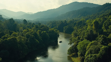 A breathtaking view of a serene river winding through a lush green forest, framed by majestic mountains under soft sunlight. Perfect for nature enthusiasts.の素材