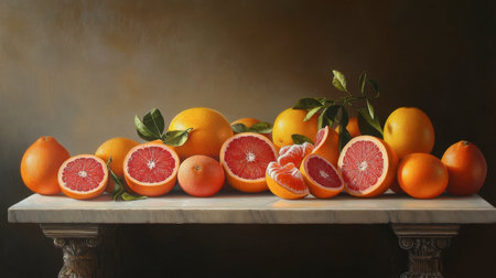 A stunning still life composition featuring various citrus fruits beautifully arranged on a marble table. Perfect for showcasing freshness and health.の素材
