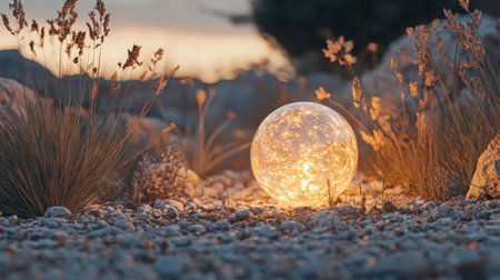 A glowing sphere positioned among rocks and wild grass during a serene sunset, creating a magical and tranquil atmosphere in nature.の素材