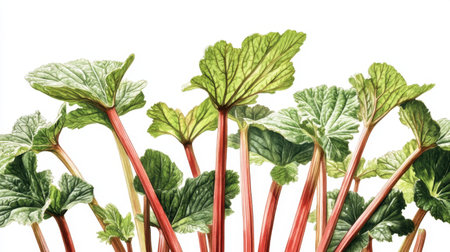 Close-up view of fresh rhubarb leaves showcasing vibrant greens and bright red stems. Perfect for culinary uses or as a natural element in design.の素材