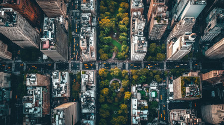 Stunning aerial view capturing a vibrant urban park surrounded by skyscrapers, highlighting the contrast between nature and city life, ideal for showcasing urban environments.の素材