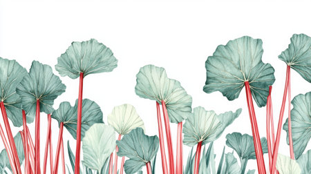 Beautiful illustration of delicate lily pads with soft green leaves and striking red stems. Perfect for nature-themed decor, minimalist art, and botanical designs.の素材
