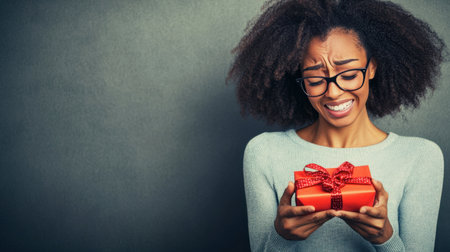A woman with curly hair and glasses holds a red gift, showcasing a mix of surprise and disappointment. The scene captures complex emotions around gift giving.の素材