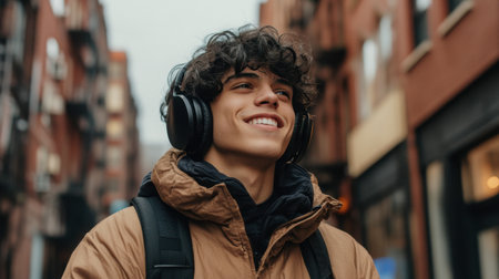 A young man with curly hair wearing headphones smiles happily while enjoying music in a vibrant urban street. Perfect for youth culture imagery.の素材