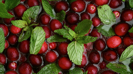 A vibrant arrangement of fresh cranberries and mint leaves submerged in water. Perfect for culinary, health, and seasonal themes.の素材