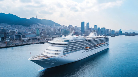 A stunning modern cruise ship anchored in a vibrant harbor, offering a breathtaking view of the urban skyline and mountain landscape, perfect for travel enthusiasts.の素材