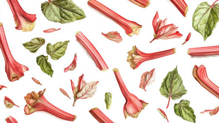 Vibrant rhubarb stems and leaves arranged on a white background. This fresh and colorful botanical image is perfect for culinary and gardening themes.の素材