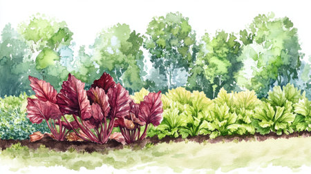 A vibrant watercolor illustration of colorful vegetation and lush trees, showcasing a serene landscape full of rich foliage and natural beauty.の素材