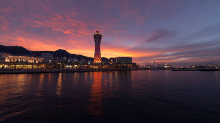 A breathtaking view of a city at sunset, with vibrant colors illuminating the sky and reflections shimmering on the calm waterfront. Ideal for travel and landscape themes.の素材