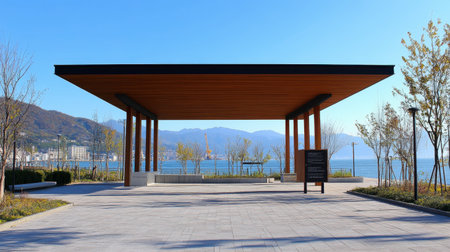 A modern pavilion set against a serene waterfront, featuring sleek architecture and beautiful natural surroundings, perfect for relaxation and tourism.の素材