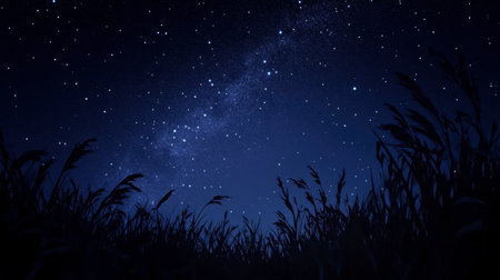 A serene view of a starry night sky above a dark grassland, featuring the Milky Way. Perfect for evoking tranquility and the beauty of nature.の素材