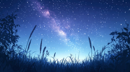 A serene night sky filled with twinkling stars over a silhouette of grass. This tranquil scene captures the beauty of nature and the cosmos. Ideal for backgrounds.の素材