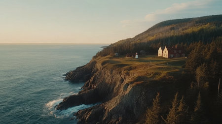 A stunning view of a coastal landscape featuring a lighthouse and a cliffside home, surrounded by lush trees and bathed in warm sunlight for a perfect tranquil escape.の素材