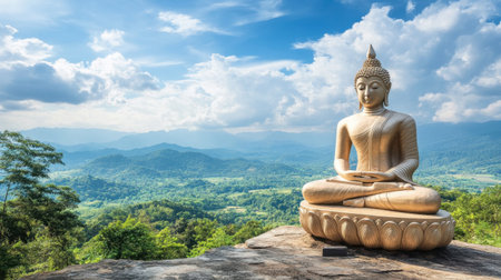 A peaceful Buddha statue sits atop a rocky outcrop, surrounded by lush green mountains and a clear sky. This serene scene evokes meditation and tranquility.の素材