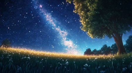 A captivating scene showcasing a serene night sky filled with stars above a lush field, illuminated by gentle moonlight and surrounded by trees, evoking tranquility and wonder.の素材