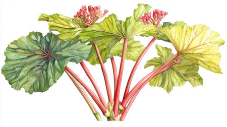 This detailed illustration showcases vibrant rhubarb leaves and stems, highlighting their unique shape and colors, perfect for botanical art or gardening themes.の素材
