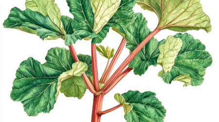 This beautiful illustration features a fresh green rhubarb plant with vibrant leaves, showcasing its intricate texture and natural beauty, perfect for gardening and culinary imagery.の素材