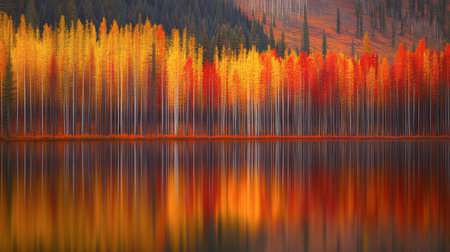 Experience the stunning beauty of autumn with vibrant colors reflecting in a calm lake. This serene landscape captures the essence of seasonal changes in nature.の素材