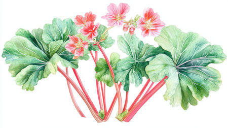 This beautiful watercolor illustration showcases vibrant geranium leaves and flowers, perfect for enhancing home decor, botanical themes, and floral art projects.の素材