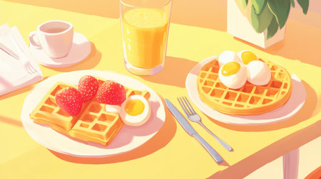 A bright breakfast scene featuring golden waffles, fresh strawberries, and eggs, set on a sunny table. Perfect for inspiring morning meals.の素材