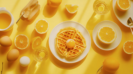 A bright breakfast table showcasing vibrant yellow waffles, fresh lemons, and eggs. Perfect for capturing the joy of a sunny morning meal.の素材