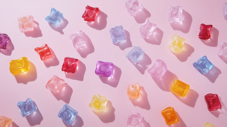 A vibrant assortment of colorful candy-shaped pills set against a pink background. Perfect for conveying joy and sweetness in food-related projects.の素材