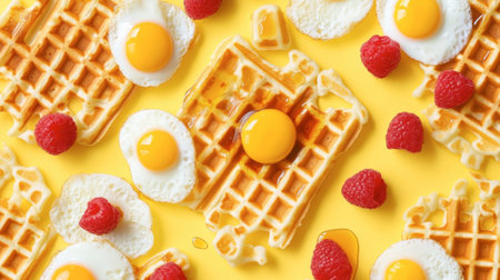 This vibrant and colorful flatlay showcases crispy waffles topped with sunny-side-up eggs and fresh raspberries, all set against a bright yellow backdrop. Perfect for breakfast ideas!の素材