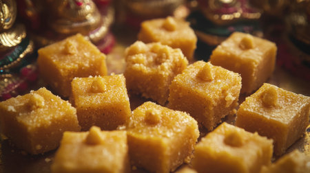 A close-up view of rich golden besan burfi, a traditional Indian sweet. This vibrant treat is perfect for festive celebrations and gatherings, showcasing its enticing texture and flavor.の素材
