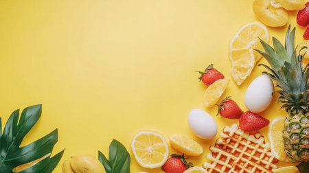 A cheerful and vibrant breakfast spread featuring golden waffles, fresh strawberries, pineapple, and lemons on a bright yellow background, perfect for a sunny morning.の素材