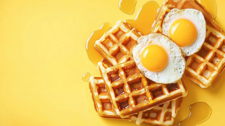 A vibrant top view of crispy waffles complemented by sunny-side-up eggs. The yellow background enhances the appeal, making it perfect for food lovers.の素材